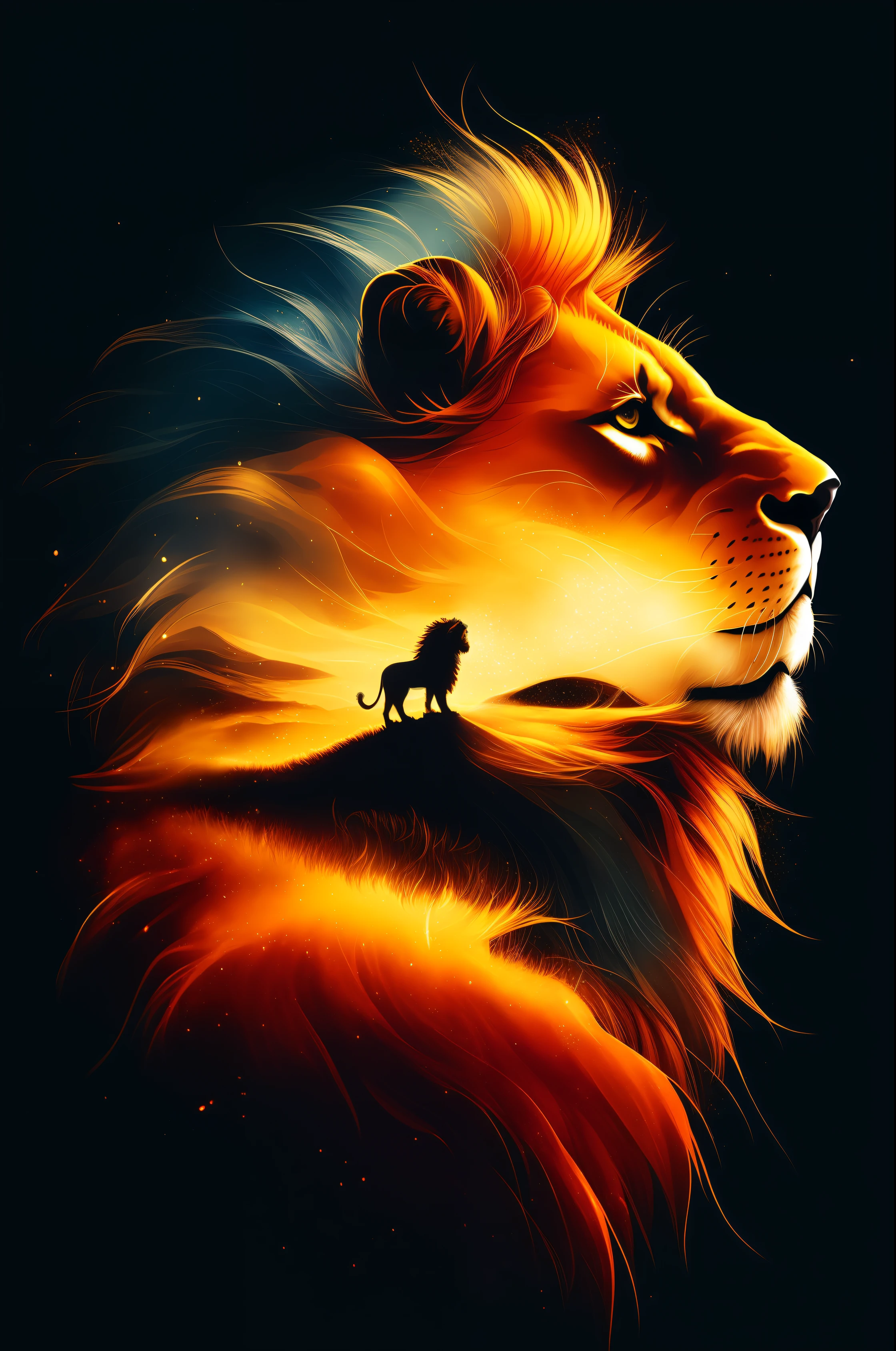 lion with a sunset background, beautiful digital artwork, stunning digital illustration, a beautiful artwork illustration, beautiful art uhd 4 k, art of alessandro pautasso, with the mane of a lion, epic digital art illustration, jen bartel, the mane of a lion, highly detailed digital artwork, lion's mane, hd phone wallpaper, beautiful digital illustration