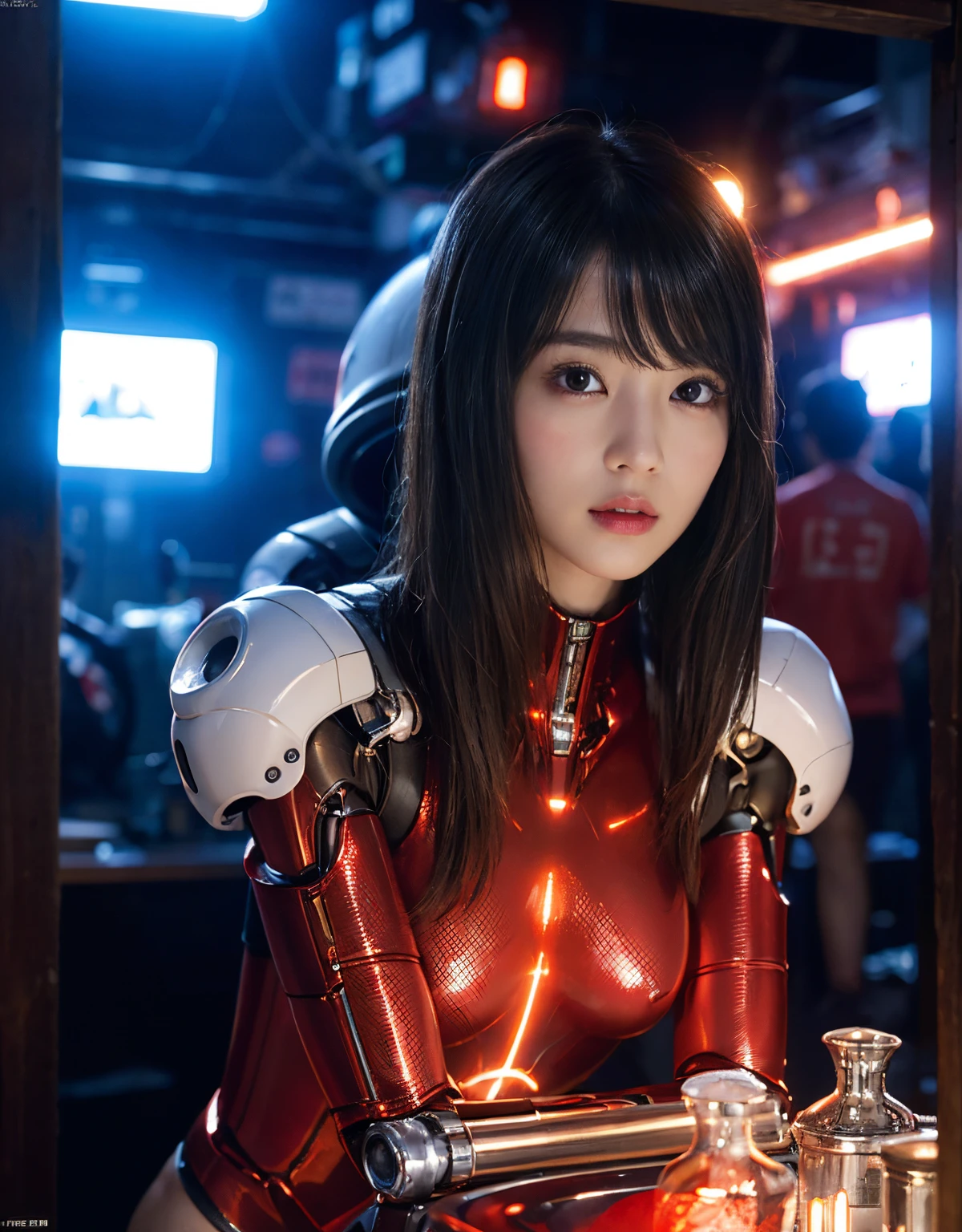(1 mechanical girl and 1 alien)、(Mystical expression)、top-quality、masterpiece、超A high resolution、(Photorealsitic:1.4)、Raw photo、1人、glowy skin、(((1 Mechanical Girl)))、(Red Metal Bodysuit)、((transparent crystal suit bodysuit)).(Natural alien background to fight aliens)、(Small LED)、((super realistic details))、vertical giant monster background),globalillumination、Shadow、octan render、8K、ultrasharp、Robot background、Colossal tits、Raw skin exposed in the cleavage、red metal、Details of complex ornaments、Japan details、highly intricate detail、Realistic light、(Mystical expression),CG Society Trenlow Eyes、Eyes shining towards the camera、Mechanical marginal blood vessels connected to neon detail tubes)、(Wires and cables connecting to the head)、Small LED、,Mechanical thighs、Toostock、(Hands are also made of machines)、机器人、future alien、Please wear a mechanical helmet、
