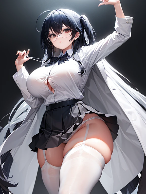 White shirt, long untied hair, pinched eyes, big tits, thick thighs, white panties, white thighhighs, dark purple hip skirt, no bra, glasses, full body
