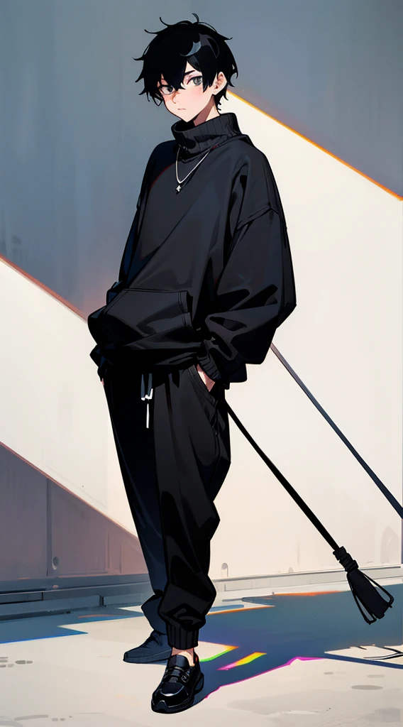 illustration, 2.5D, flat colors: 1.3, Line-Art, black and white, (detailed lights, detailed shadows),a man in a sweater and black pants walking down the street, wearing an oversized sweater, style, wearing casual sweater, black oversized clothes, casual clothing style, relaxed style, neutral tones, supple look, oversized, street outfit, wearing an oversized hoodie, wearing a dark sweater, street fashion outfit, minimal style, detailed style, wearing sweatshirt, cool style,((modern clothes )) Looking at the Viewer, looking at the camera,