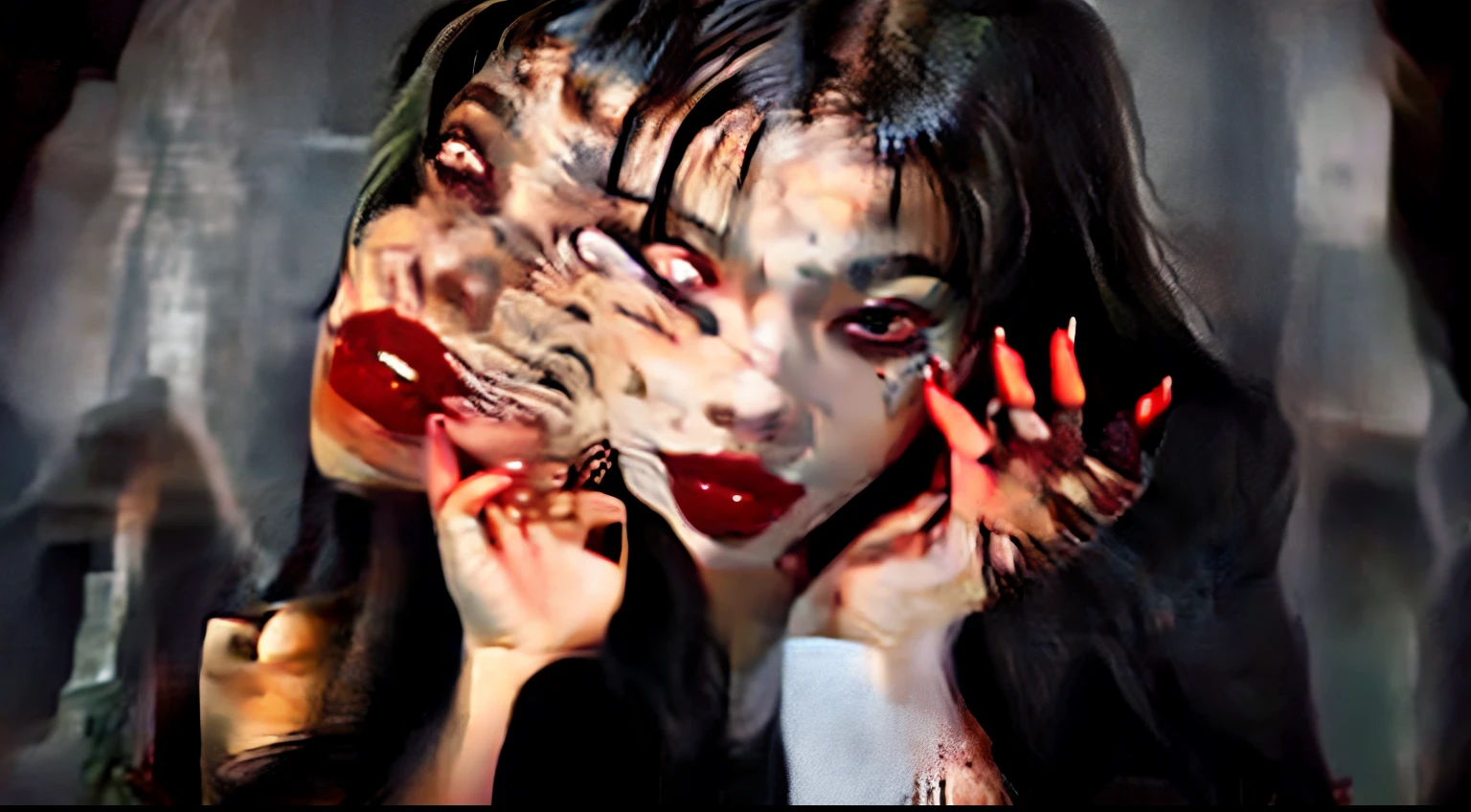 ((masterpiece, bestquality)), Tomie, edgQuality, bara,1 girl, edgGesugao ,Sadistic smile, A ghost is face appeared next to his face., long-haired, bangs, grin, evil grin,facial expression edgGesugao, she is crazy, peas, horror, She is creepy, She is scary., Shock value, very evil, She is thin, stimulate, fearful, terror, fearful, decay, disgust, She is a Psycho, dark, Fog, evil eye, Radiant eyes, a painting of a woman with a red mask covering her face, demon girl, portrait of demon girl, demon anime girl, portrait demon half human, horrific digital art, bloody eyes, evil expression, stunning anime face portrait, detailed digital anime art, anime monster girl, creepy!!, demonic face, evil looking, by Shingei, demon woman, anime skull portrait woman, there is a woman with long black hair posing for a picture, loish and wlop, hyperealisism, nft portrait, hyper realistic anime, trending on deviant art, anime realism, hyperrealistic aesthetic, inspired by Yanjun Cheng, intricate heterochromatic sad, realistic art style, eerie art style, artwork in the style of guweiz