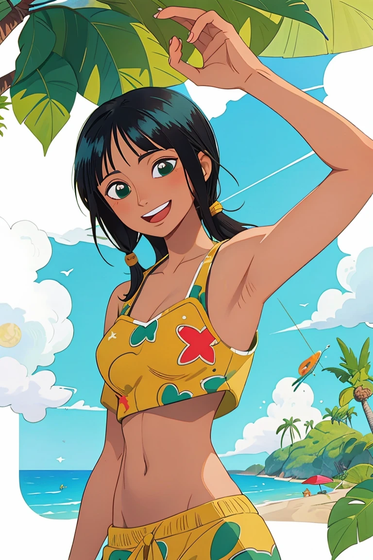 (Obra maestra),La mejor calidad,asombroso,Detalle fino.Profundidad de campo,hermosos ojos detallados, Nico Robin, 1girl,hembra madura,feliz,sonrisa ligera, bikini, barriga, breasts, armpits