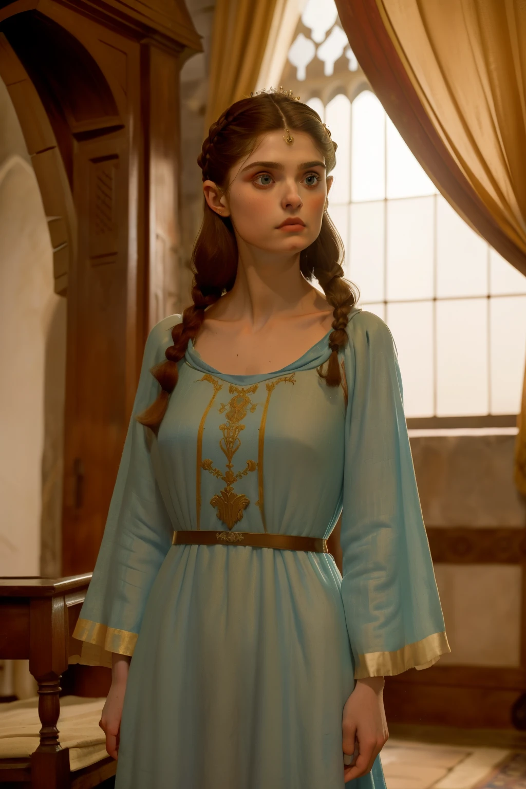 1136, Earlcastle, England. otherworldly scene in a luxurious medieval castle, ((((16-year-old)) Alexandra Daddario)), prisoner, scared ((terrified)), ((((tunic gown from the 12th century)))), ((Hairstyle of the 12th century)), ((Wes Anderson cinematic style)), colorful