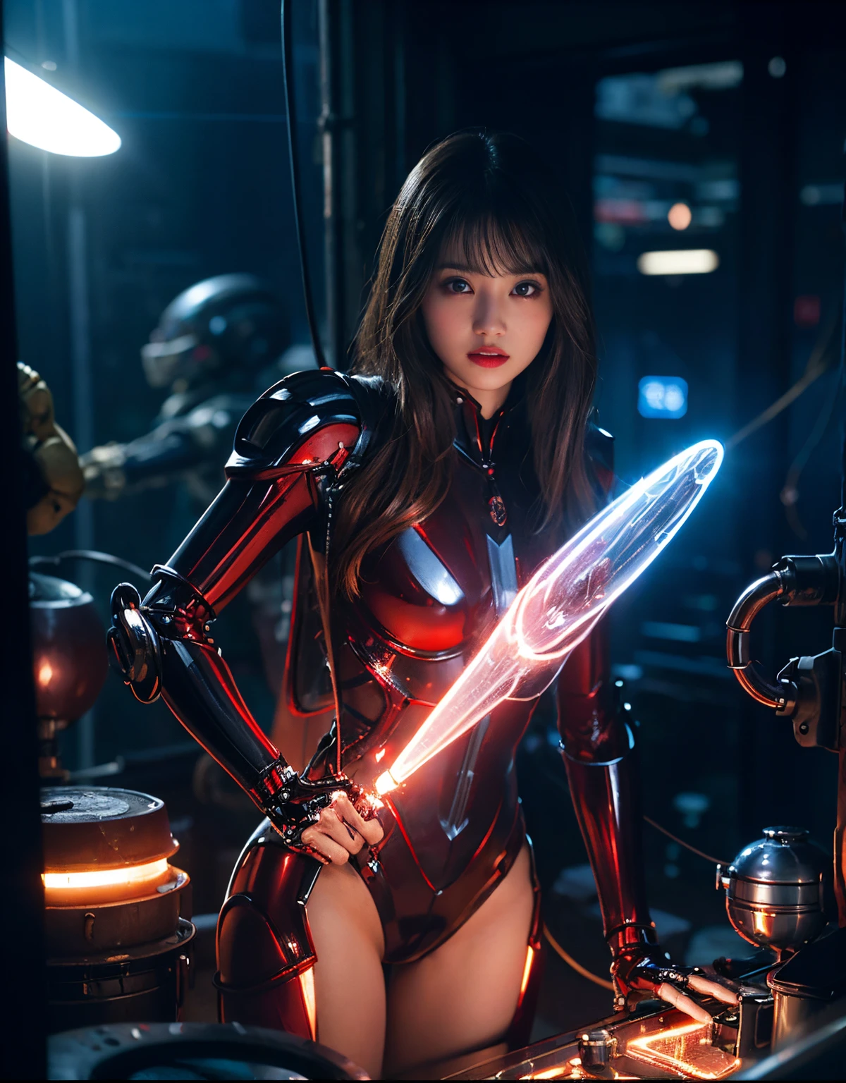 (1 mechanical girl and 1 alien)、(Mystical expression)、top-quality、masterpiece、超A high resolution、(Photorealsitic:1.4)、Raw photo、1人、glowy skin、(((1 Mechanical Girl)))、(Red Metal Bodysuit)、((transparent crystal suit bodysuit)).(Natural alien background to fight aliens)、(Small LED)、((super realistic details))、vertical giant monster background),globalillumination、Shadow、octan render、8K、ultrasharp、Robot background、Colossal tits、Raw skin exposed in the cleavage、red metal、Details of complex ornaments、Japan details、highly intricate detail、Realistic light、(Mystical expression),CG Society Trenlow Eyes、Eyes shining towards the camera、Mechanical marginal blood vessels connected to neon detail tubes)、(Wires and cables connecting to the head)、Small LED、,Mechanical thighs、Toostock、(Hands are also made of machines)、机器人、future alien、Please wear a mechanical helmet、