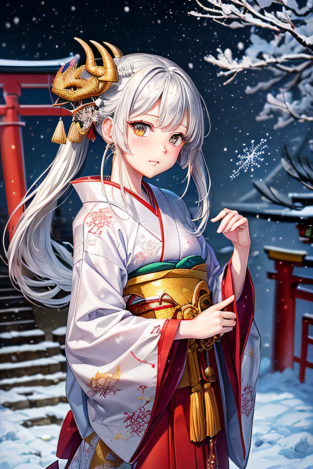 ((worst quality, low-quality)), ((girl with)), Solo, (facefocus,:1.4), ((half updo, Silver hair)), clear eyes and plump, Glossy lips, Gold eyes):1.2), Spoken Heart, (perfect hand:1.3), (traditional Japanese clothing:1.2), (wearing a kimono with a dragon pattern, Dragon embroidery, Dragon pattern:1.3), embarrassed, Standing, Looking at Viewer, Head tilt, (Snowflake, Falling snow:1.4), (( Japanese torii gate background)), high-angle shot, masutepiece, Best Quality, ultra-detailliert,