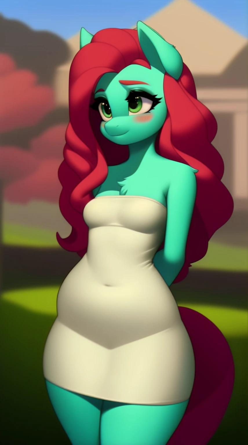 (score_9), (source_pony), (solo), (earth pony), ((anthro jazz hooves :1.1)), (strapless tight dress), sexy, nervous , long hair, anatomically correct, night garden, standing near fountain, small breasts, half body, anime art style, solo, light green fur, green eyes, arms behind back, hourglass figure, curvy, wide hips, plump body, young, short, chubby, (teenager)