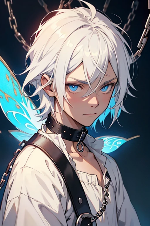 Single male，Handsome，Close-up，Upper body photo，Occult magic, Fairy，light white hair，long white hair，little clothes，tattered clothes, , amarelo，white colors，red colour，black in color，flowy，adornado y fluido，blue colored eyes，The face is grim，Clear eyeantasy，complex background, fantasy market background, in cage, enslaved, slave, Rich in coloiry air fluttering，Bust photo，Close-up shot, animal collar, metal collar, chains