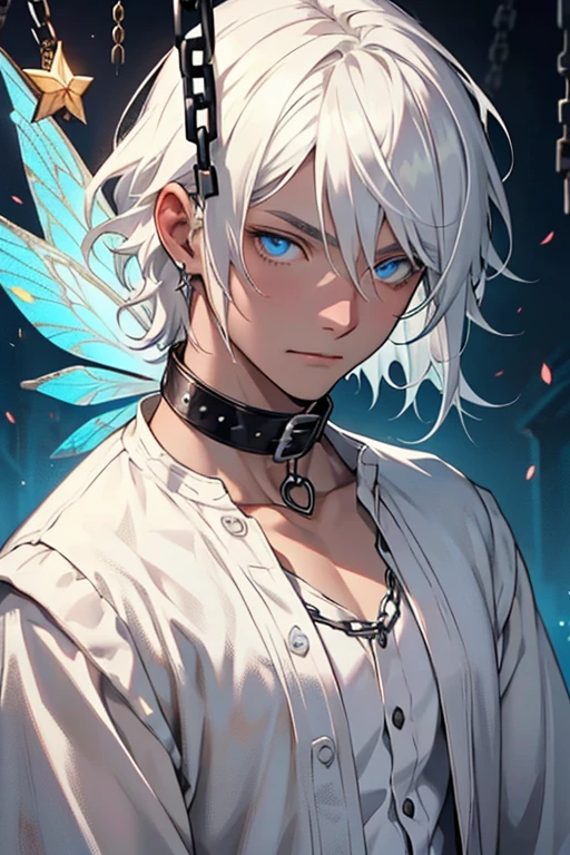 Single male，Handsome，Close-up，Upper body photo，Occult magic, Fairy，light white hair，long white hair，little clothes，tattered clothes, , amarelo，white colors，red colour，black in color，flowy，adornado y fluido，blue colored eyes，The face is grim，Clear eyeantasy，complex background, fantasy market background, in cage, enslaved, slave, Rich in coloiry air fluttering，Bust photo，Close-up shot, animal collar, metal collar, chains