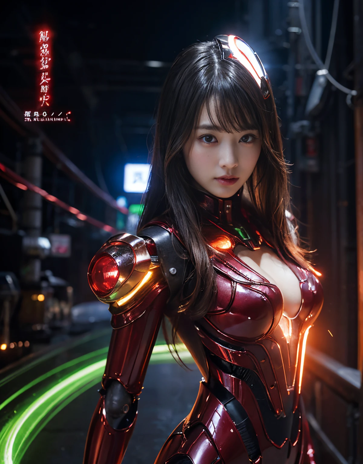 (1 mechanical girl and 1 alien)、（Mystical expression）、top-quality、​masterpiece、超A high resolution、(Photorealsitic:1.4)、Raw photo、女の子1人、glowy skin、(((1 Mechanical Girl)))、（Red Metal Bodysuit）、((transparent crystal suit bodysuit)).(Natural alien background to fight aliens)、(Small LED)、((super realistic details))、vertical giant monster background),globalillumination、Shadow、octan render、8K、ultrasharp、Robot background、Colossal tits、Raw skin exposed in the cleavage、red metal、Details of complex ornaments、Japan details、highly intricate detail、Realistic light、(Mystical expression),CG Society Trenlow Eyes、Eyes shining towards the camera、Mechanical marginal blood vessels connected to neon detail tubes)、(Wires and cables connecting to the head)、Small LED、,Mechanical thighs、Toostock、（Hands are also made of machines）、机器人、future alien、Please wear a mechanical helmet、