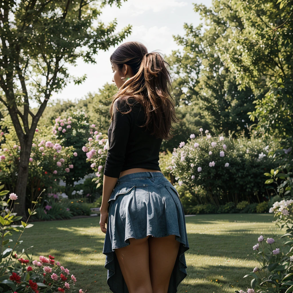 The hair floats gracefully in the air, catching the light and creating an ethereal glow. sexy silhouette, long loose hair in the wind. Hair moved by the wind. (1woman:1.5), The background is a garden filled with vibrant flowers, adding pops of color to the scene. The artistic style is (realistic), capturing every minute detail of the girl's appearance. Lighting is natural and soft, illuminating the lady's figure with a gentle, flattering glow, upskirt, photorealistic, seen from below, view from behind.