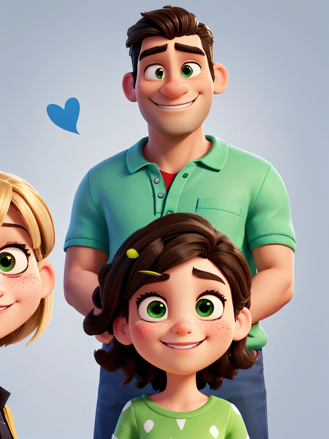 An illustration of an adorable couple, Highlight for a strong smiling man and a brunette woman with beautiful expressive eyes - the man's skin is white and the man's hair is black, he has a black mustache and goatee, the woman's skin is white with some almost imperceptible freckles and the woman's hair It's smooth and brown. They are in a green and beautiful square, cada um com um sorriso no rosto, e compartilhar um momento especial caracterizado pelo amor, Insights. Illustrate this scene from a perspective where they are facing the camera, Smiling and Showing Your Connection. Desenvolva esta arte em Full HD, Focus on your cinematic touch, Estilo Disney Pixar Animations