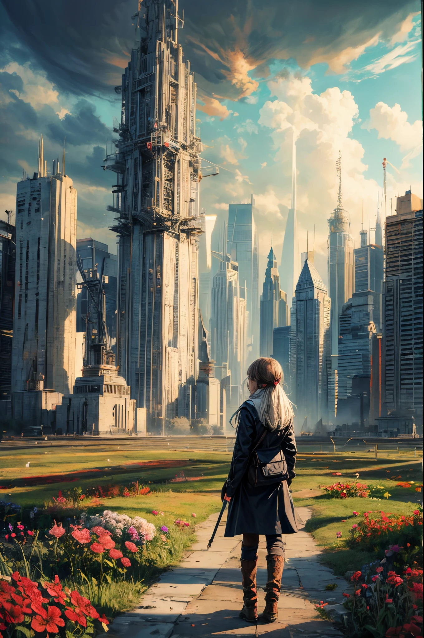 A woman walking down a path in a city with tall buildings - SeaArt AI