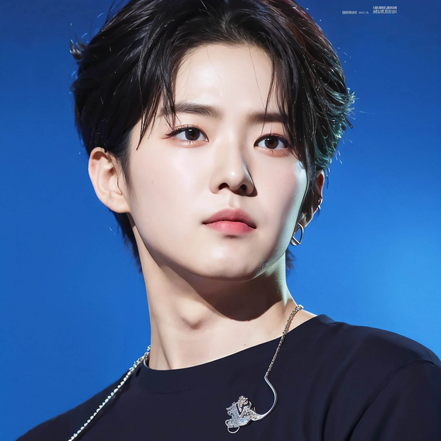 un primer plano de una persona con un collar sobre un fondo azul, Jung Subin, Wan adorable cara coreana, Hyung Tae, Taejune Kim, Jinyoung Shin, Sha Xi, Sus ojos se ven sabios, Cai Xukun, Shin Jeongho, Handsome prince, inspirado por Bian Shoumin, diez Lee, by Lü Ji, Hong June Hyung