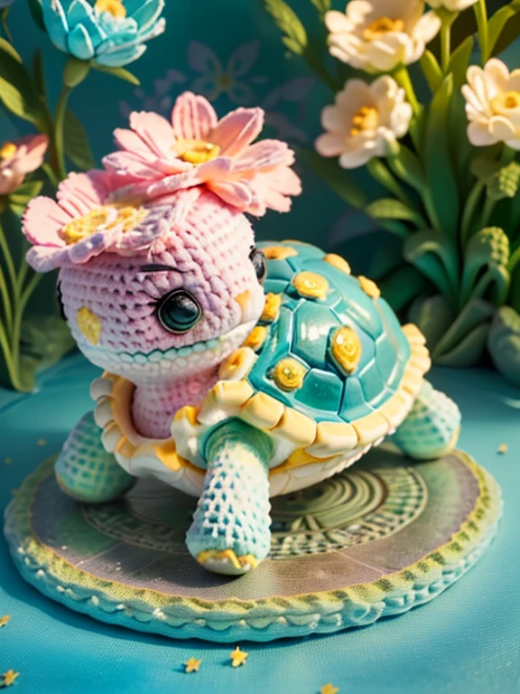 ((Fairytale)), ((The cute turtle illustration  drawn)), largeeyes, Round eyes, eyes glowing, (a variety of poseeautiful garden in the background, Colorful flowers bloom, Pink, blue and yellow flowers. bathed in light, The floor  studded with sparkling jewels. The light of diamonds and the light of emeralds spread out beautifully like stars.