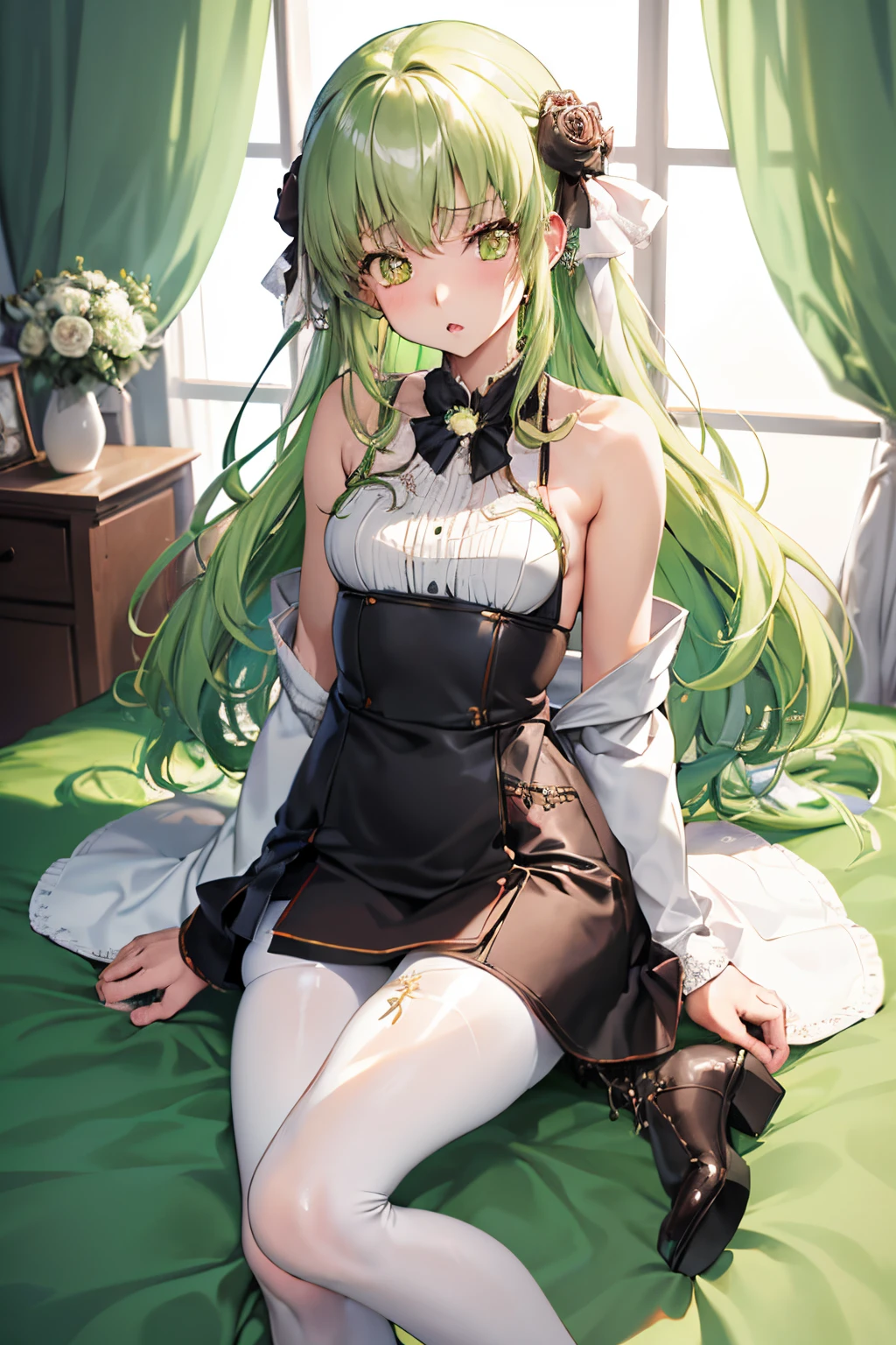 masutepiece, Best Quality, 1girl in, (C.C),Green head hair, (Green eye:1.2),((weddingdress))、((robe blanche))、length hair、((embarassed expression))、((Bedroom))、((boots))、((a miniskirt))、((pantyhose))、