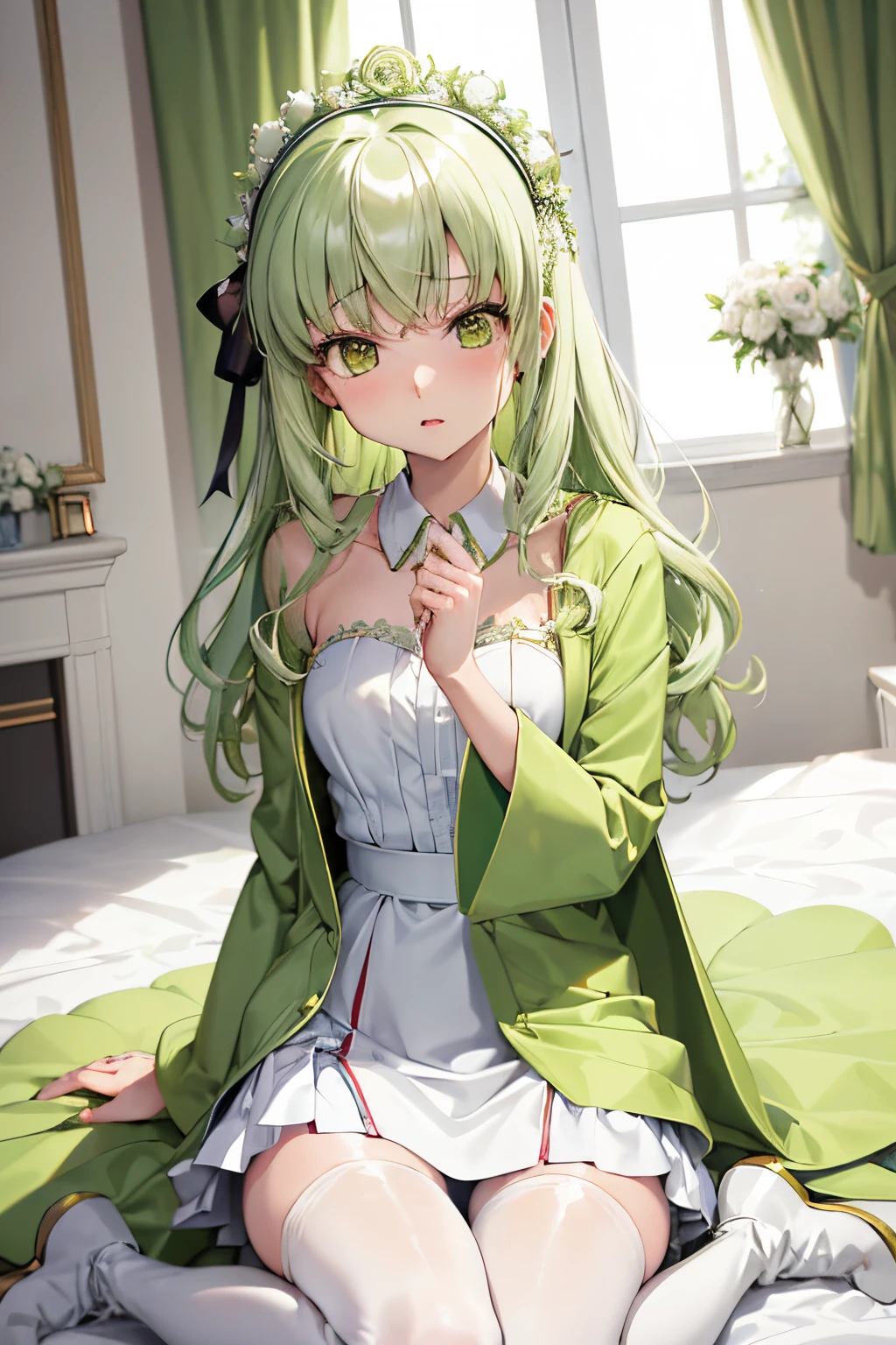 masutepiece, Best Quality, 1girl in, (C.C),Green head hair, (Green eye:1.2),((weddingdress))、((robe blanche))、length hair、((embarassed expression))、((Bedroom))、((boots))、((a miniskirt))、((pantyhose))、