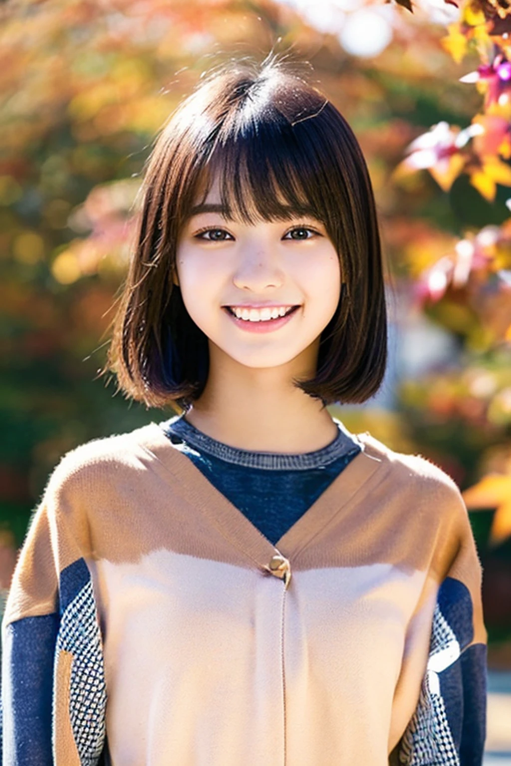 (ultra-detailliert、A hyper-realistic: 1.3)、Korean teen with a dazzling smile、(8K、a picture、Background blur: 1.2)、(bangss、Ultra-realistic skin texture、Best proportions: 1.4)、(17 year old wearing stylish autumn clothes、Cute idol face: 1.5)