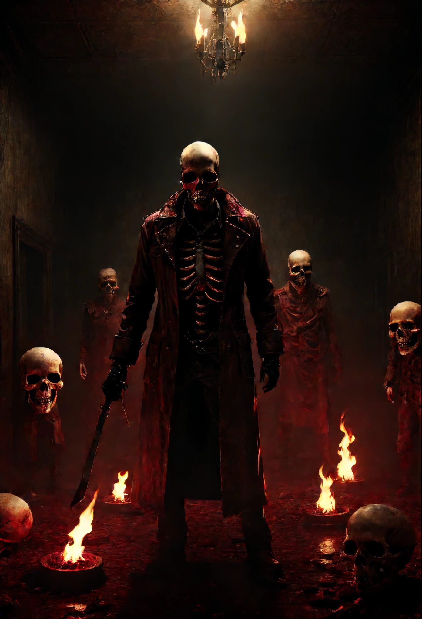 In a sinister and complex setting inspired by the Silent Hill universe, characters dressed in disturbing costumes explore an environment full of skulls and infernal elements. The scene highlights intricate details in the costumes, revealing a unique combination of horror and fantasy. The background is composed of a complex scenario of skulls and infernal elements, providing an intensely dark atmosphere. The lighting, mixing shades of red and black, creates dramatic contrasts, accentuating the infernal nature of the environment. The label "((best quality, 4k, 8k, highres, masterpiece:1.2))" ensures a high-quality visual output, capturing every complex detail of the scene. By following the dynamic structure, the focus is on the visual interaction of the characters with the environment, highlighting the Silent Hill costumes, while the scenario of infernal skulls contributes to an engaging and terrifying visual narrative.