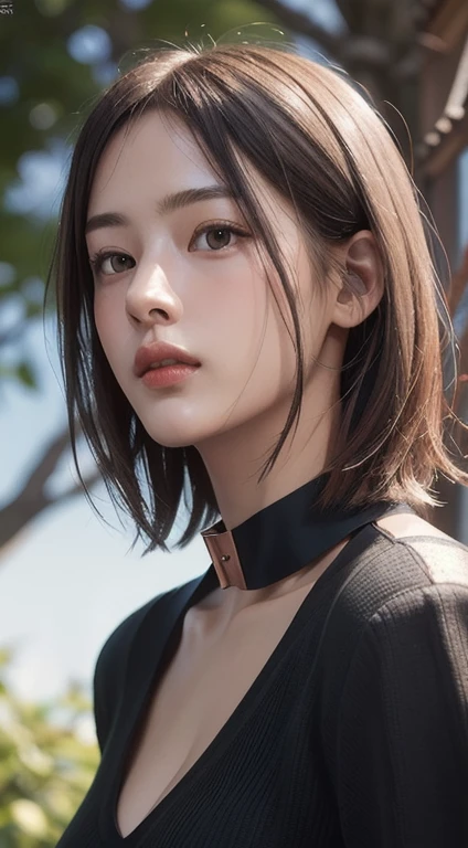 Photorealistic, masutepiece, Best Quality, Raw photo, 1girl in, Solo, Handsome shorthair, copper colored hair、Detailed face, alluring face, Black shirt with collar, medium breasts, Dynamic Pose, Looking at Viewer, From below, Detailed background, fine detailed, intricate detailes,  Ray tracing, depth of fields, lowkey, nffsw