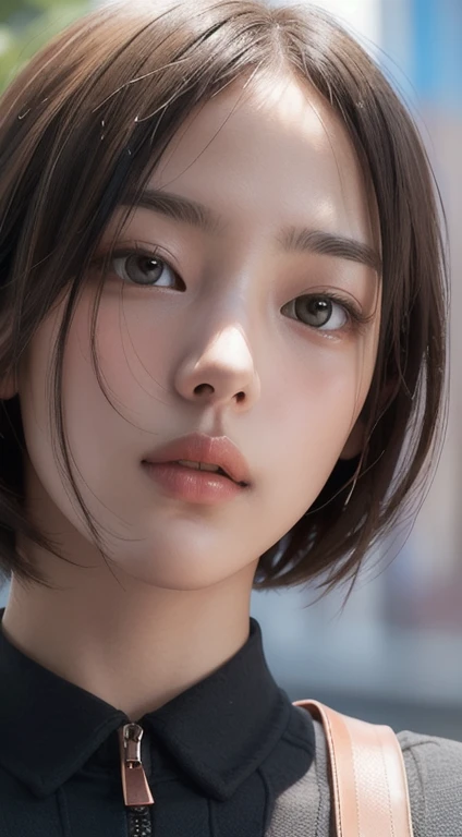 Photorealistic, masutepiece, Best Quality, Raw photo, 1girl in, Solo, Handsome shorthair, copper colored hair、Detailed face, alluring face, Black shirt with collar, medium breasts, Dynamic Pose, Looking at Viewer, From below, Detailed background, fine detailed, intricate detailes,  Ray tracing, depth of fields, lowkey, nffsw
