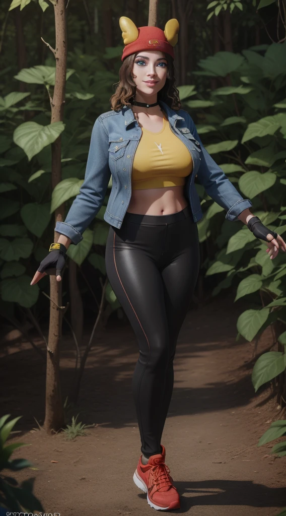 (8k, best quality, masterpiece:1.2), (realistic, photo-realistic:1.37), ultra-detailed, 1 girl,cute, solo, ,beautiful detailed blue eyes, medium wavy hair, standing in a jungle, , smiling, looking at viewer, ,light brown hair, black lips, black lipstick, full body view, , whole body shot, red hat, , , nsfw, choker, yellow shirt, denim jacket, dark long leggings, black fingerless gloves, red sneakers, big breasts