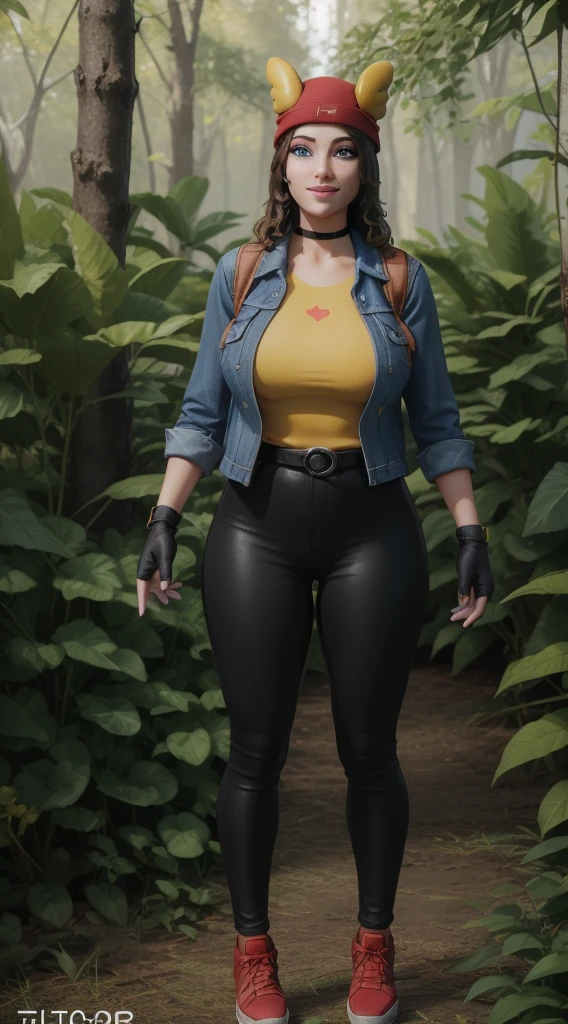 (8k, best quality, masterpiece:1.2), (realistic, photo-realistic:1.37), ultra-detailed, 1 girl,cute, solo, ,beautiful detailed blue eyes, medium wavy hair, standing in a jungle, , smiling, looking at viewer, ,light brown hair, black lips, black lipstick, full body view, , whole body shot, red hat, , , nsfw, choker, yellow shirt, denim jacket, dark long leggings, black fingerless gloves, red sneakers, big breasts