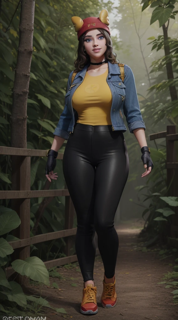 (8k, best quality, masterpiece:1.2), (realistic, photo-realistic:1.37), ultra-detailed, 1 girl,cute, solo, ,beautiful detailed blue eyes, medium wavy hair, standing in a jungle, , smiling, looking at viewer, ,light brown hair, black lips, black lipstick, full body view, , whole body shot, red hat, , , nsfw, choker, yellow shirt, denim jacket, dark long leggings, black fingerless gloves, red sneakers, big breasts