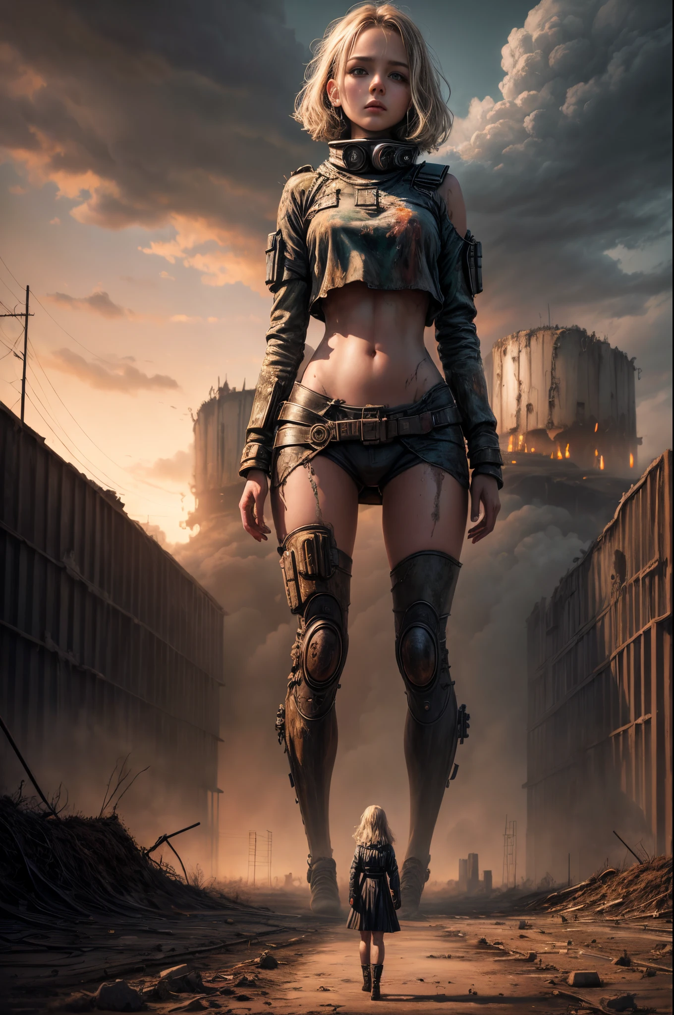 "Oil painting, ((resilient)) girl standing amidst nuclear wasteland ruins, delicate flowers emerging from the desolation, ominous clouds casting shadows, ((haunting beauty)), post-apocalyptic masterpiece"