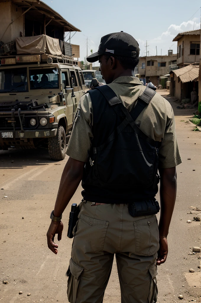 Airsoft player in the style of Grand Theft Auto from Kenya, standing behind a car in Kenya city, let the background be like Kenya