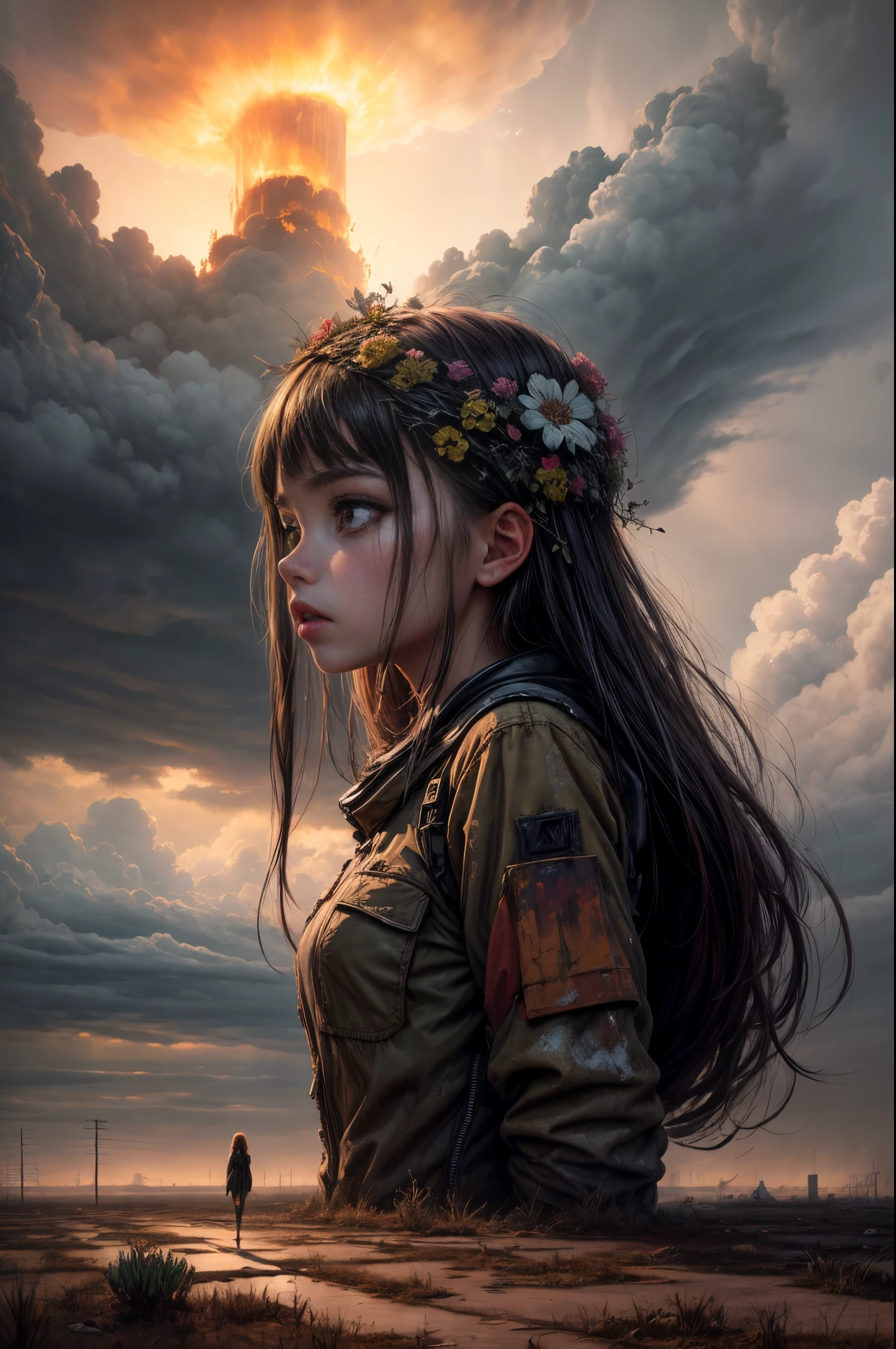 "Oil painting, ((resilient)) girl standing amidst nuclear wasteland ruins, delicate flowers emerging from the desolation, ominous clouds casting shadows, ((haunting beauty)), post-apocalyptic masterpiece"