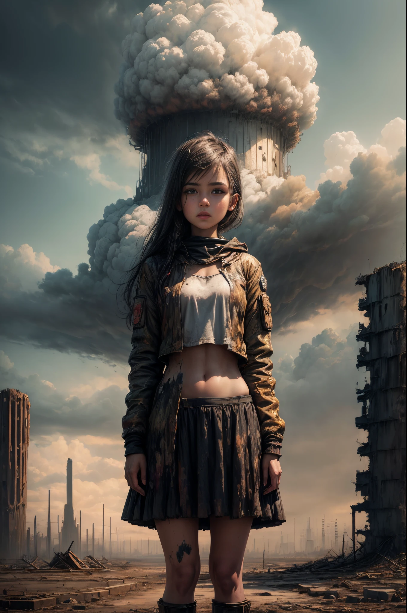 "Oil painting, ((resilient)) girl standing amidst nuclear wasteland ruins, delicate flowers emerging from the desolation, ominous clouds casting shadows, ((haunting beauty)), post-apocalyptic masterpiece"