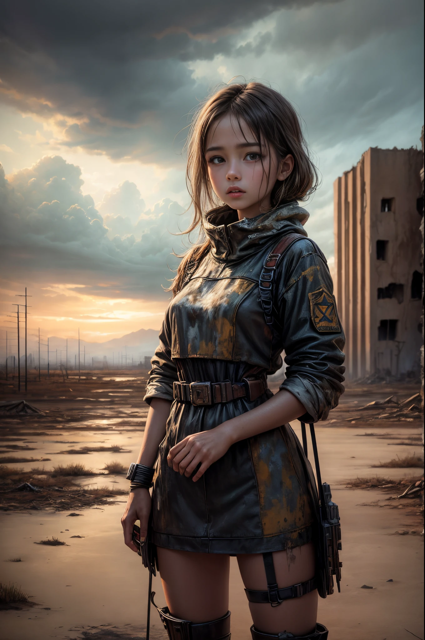 "Oil painting, ((resilient)) girl standing amidst nuclear wasteland ruins, delicate flowers emerging from the desolation, ominous clouds casting shadows, ((haunting beauty)), post-apocalyptic masterpiece"
