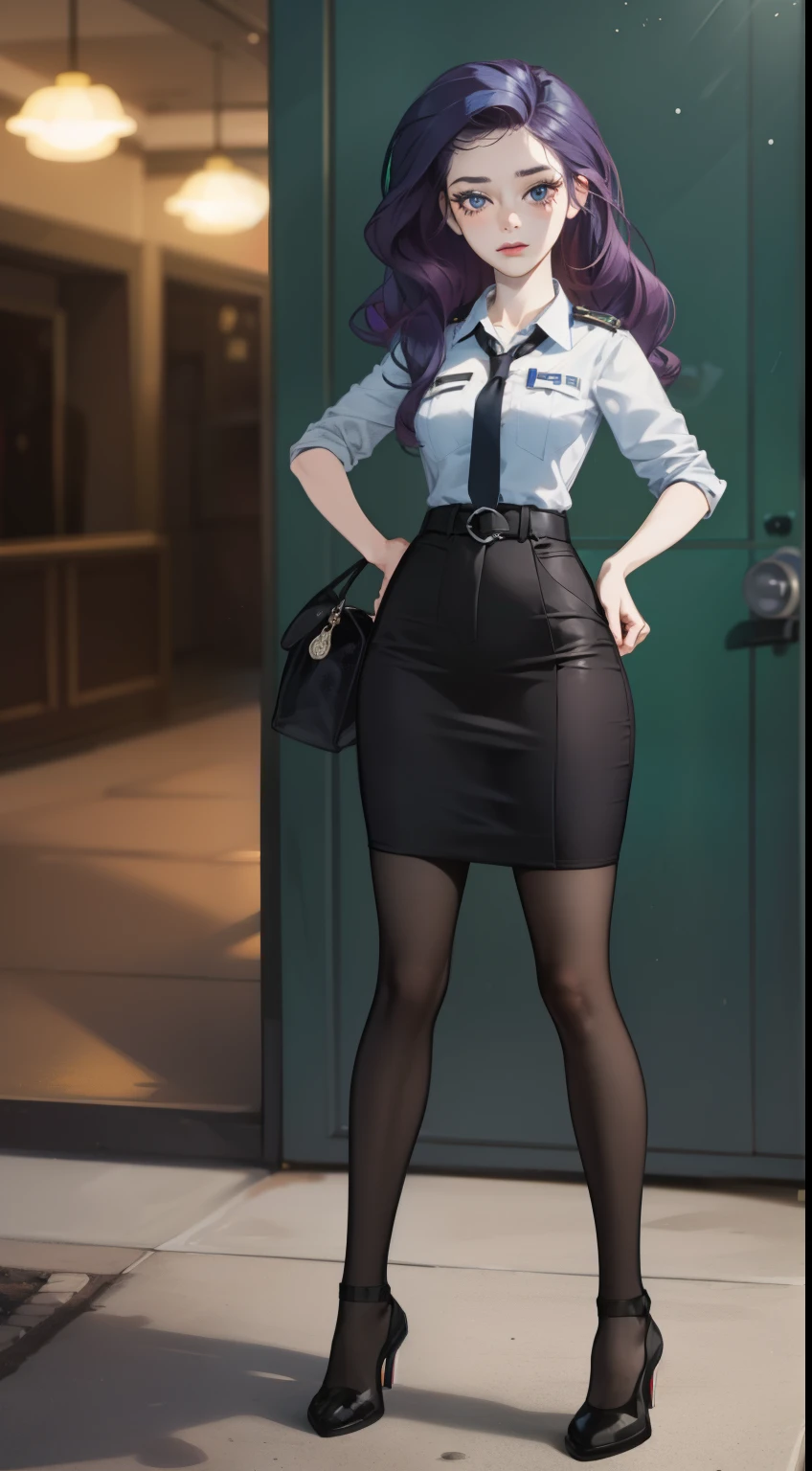 Masterpiece, Best quality, Realistic, 1人, cute female, Sexy and charming girl, 20-year-old girl, Very attractive looking girl, Extremely detailed face, rarity, International city, Black police uniform,Bigchest,black heels,black lence stockings, Cinematic lighting, holding a pistol, Postural dynamics,eyes looking at viewer,At the entrance of the police station,police station