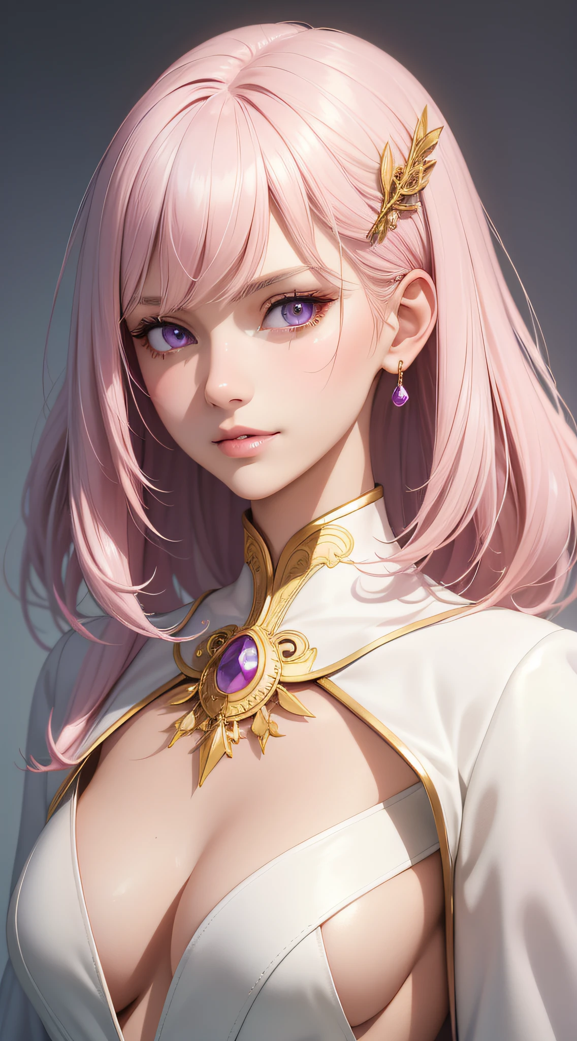(masterpiece, best quality), intricate details, thin, ((slim)), beautiful girl, Light pink hair, white skin, light purple eyes, sharp jawline, cropped jacket, messy hair, lips, upper body, close up, smirk