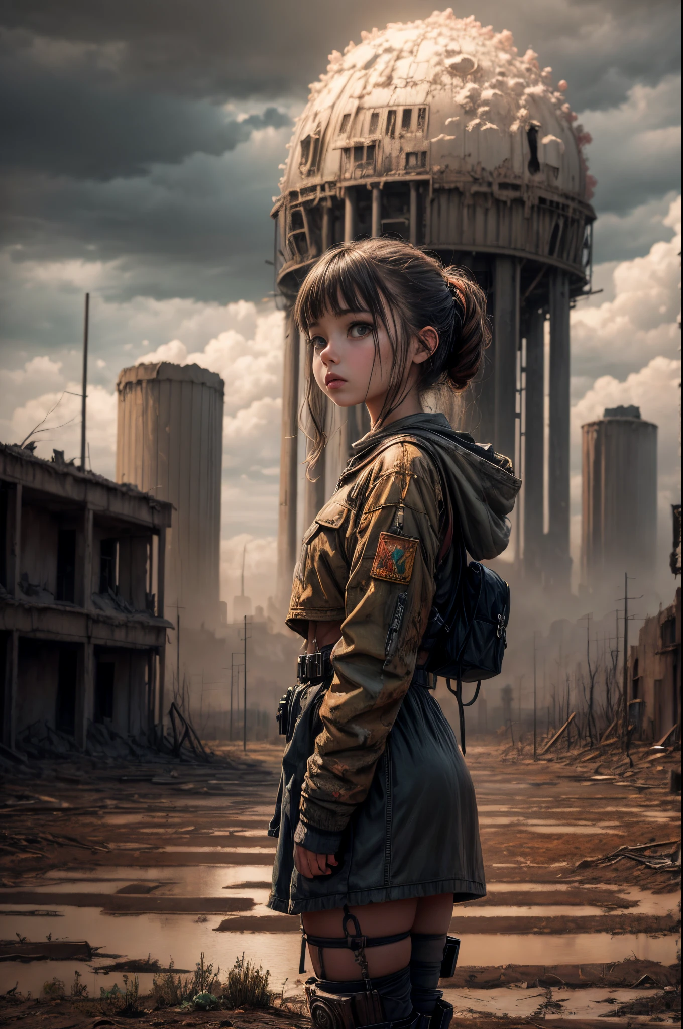 "Oil painting, ((resilient)) girl standing amidst nuclear wasteland ruins, delicate flowers emerging from the desolation, ominous clouds casting shadows, ((haunting beauty)), post-apocalyptic masterpiece"