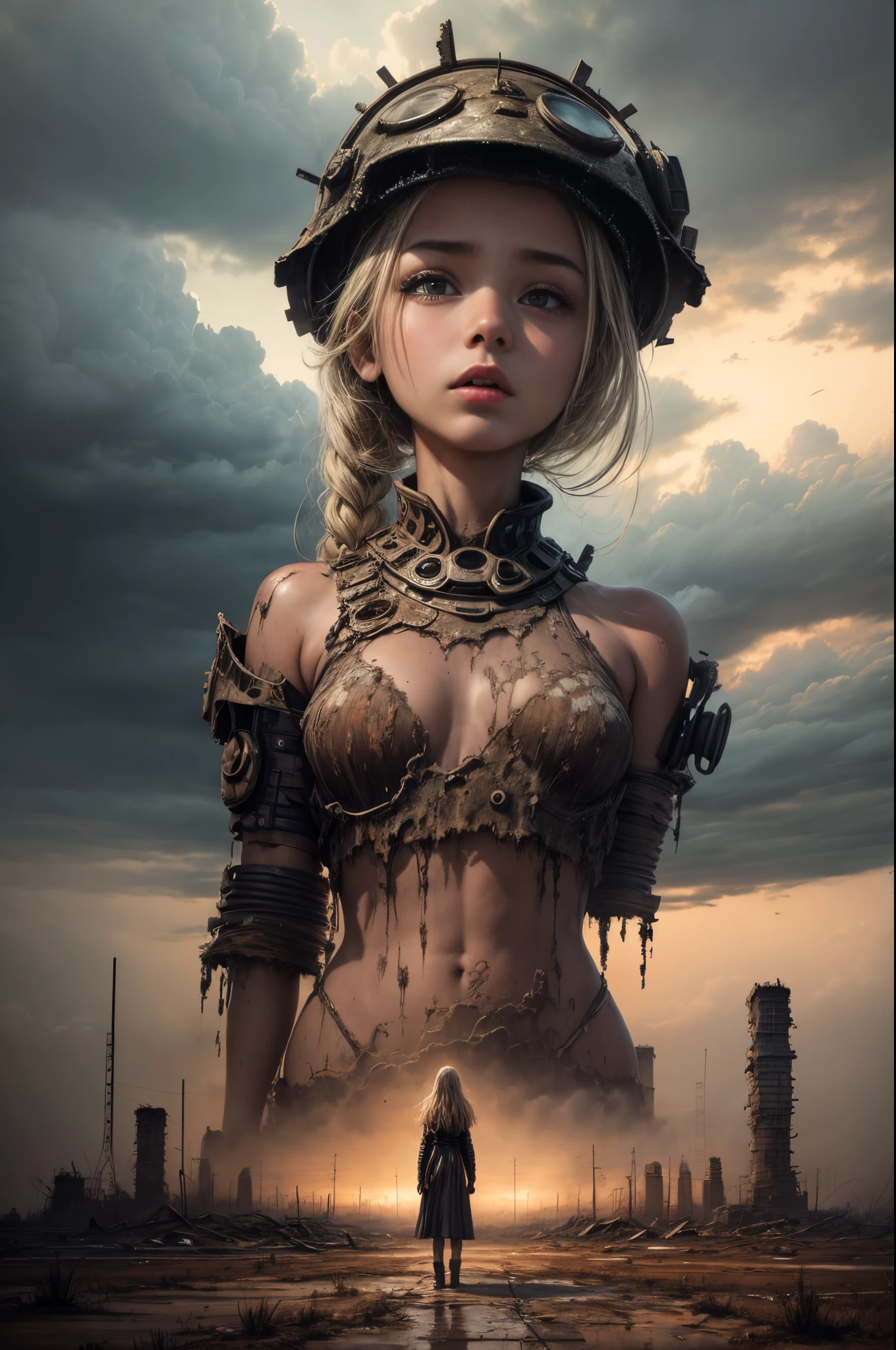 "Oil painting, ((resilient)) girl standing amidst nuclear wasteland ruins, delicate flowers emerging from the desolation, ominous clouds casting shadows, ((haunting beauty)), post-apocalyptic masterpiece"