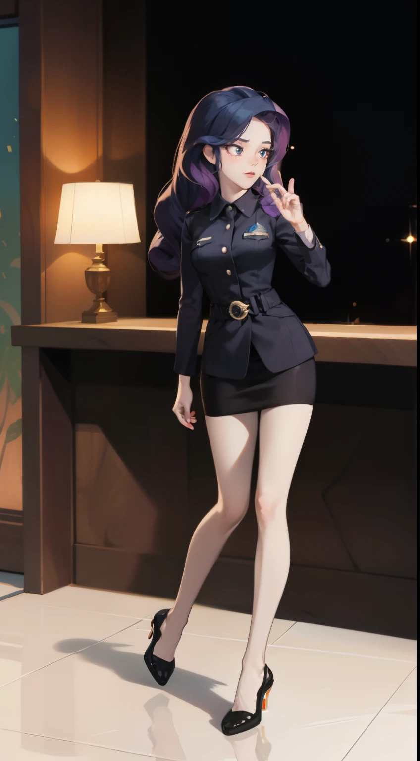 Masterpiece, Best quality, Realistic, 1人, cute female, Sexy and charming girl, 20-year-old girl, Very attractive looking girl, Extremely detailed face, rarity, International city, Black police uniform，Bigchest, black heels, bare legs, Cinematic lighting, holding a pistol, Postural dynamics,eyes looking at viewer，At the entrance of the police station，police station