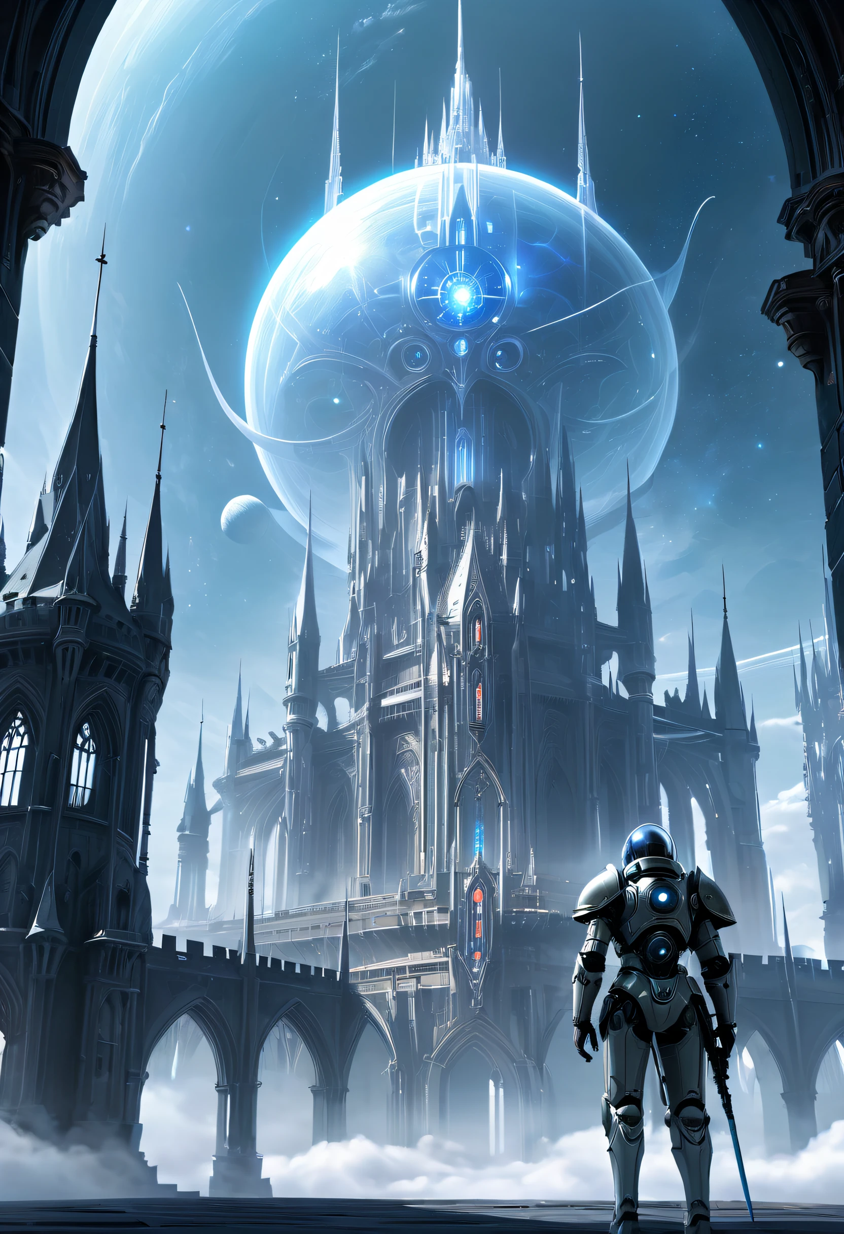 Translucent ethereal alien warrior,In the background is a huge high-tech mobile Gothic castle,a space station,Medieval style building