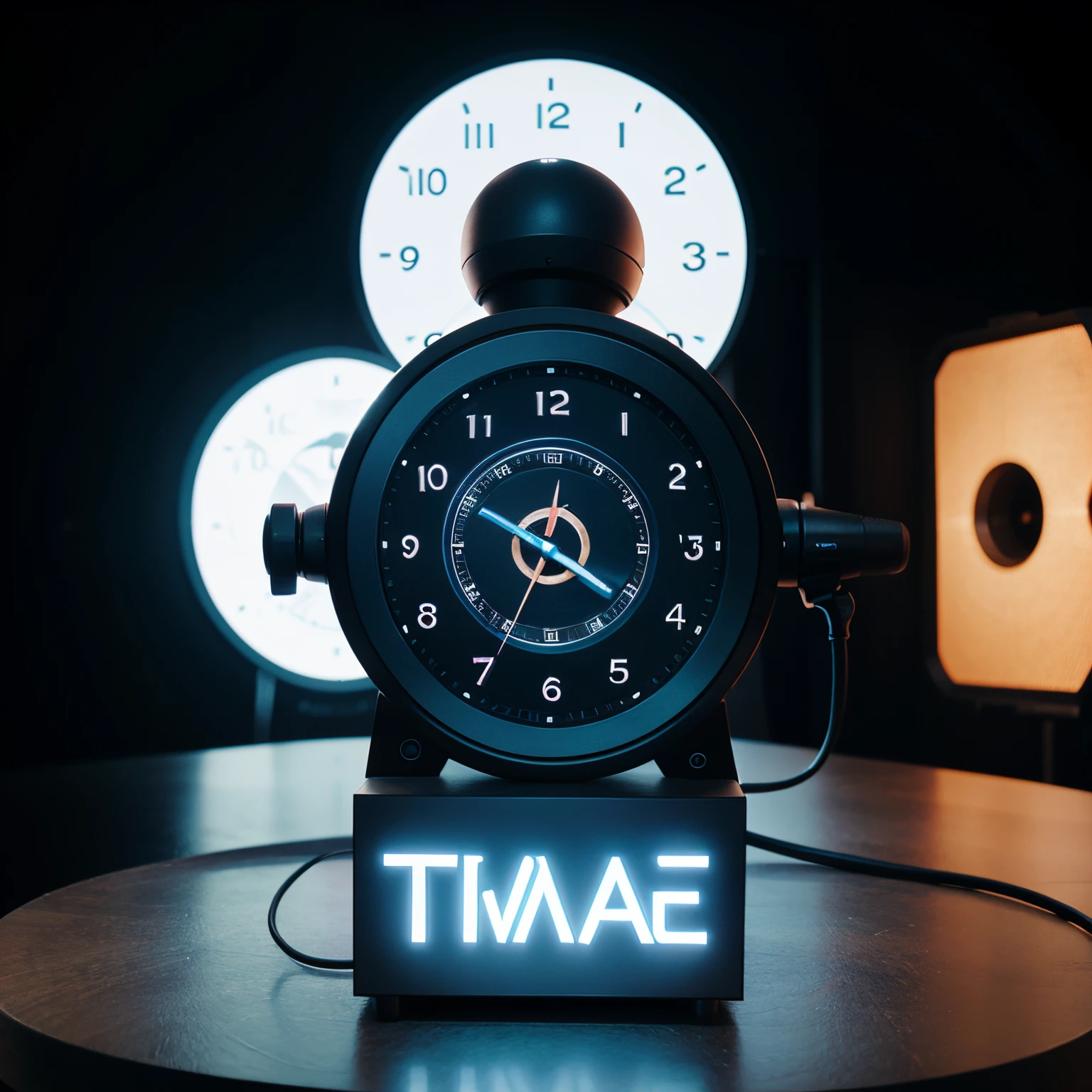 A logo for "Time Traveler's Talk show". No text. Flat icon style. Logo. Microphone with clock
