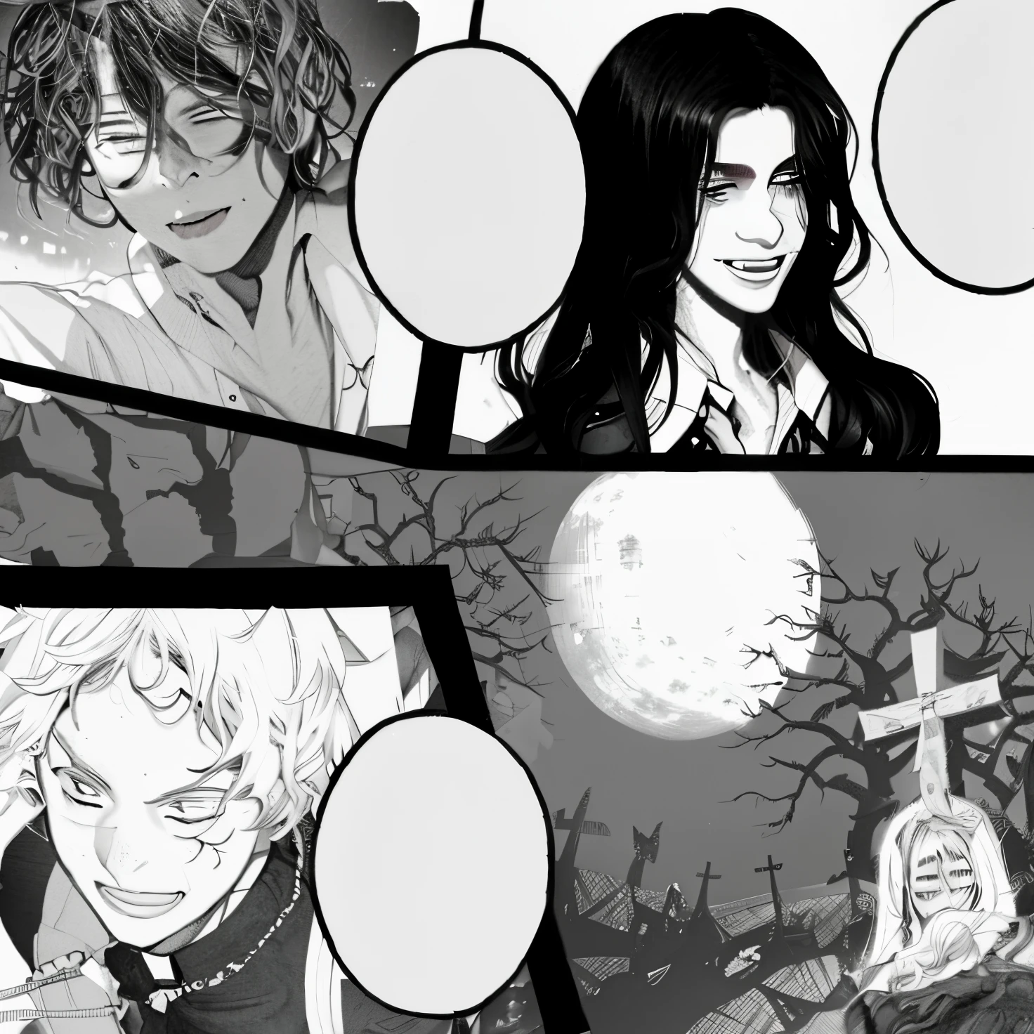 Manga halloween style, Three young men, long-haired boy, curly-haired boy, lo8 boyThree young men, long-haired boy, curly-haired boy, blond boy