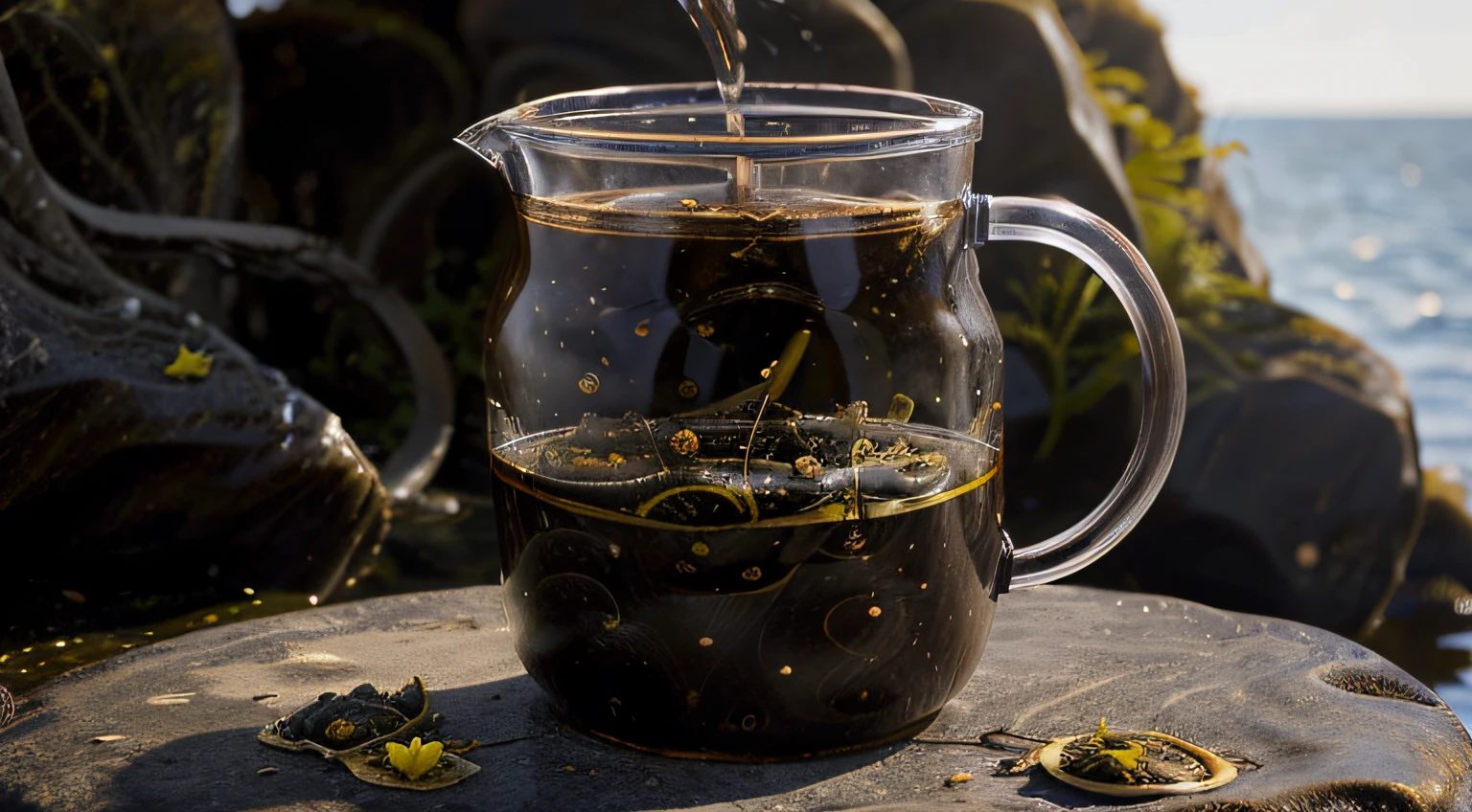 Imagem de (((Fucus Vesiculosus Tea))), fervendo em uma panela com gelo como se fosse da marinha, sendo colocado em copos transparentes, showing some ingredients of what it is made of, I really want clarity with every possible detail in this image .