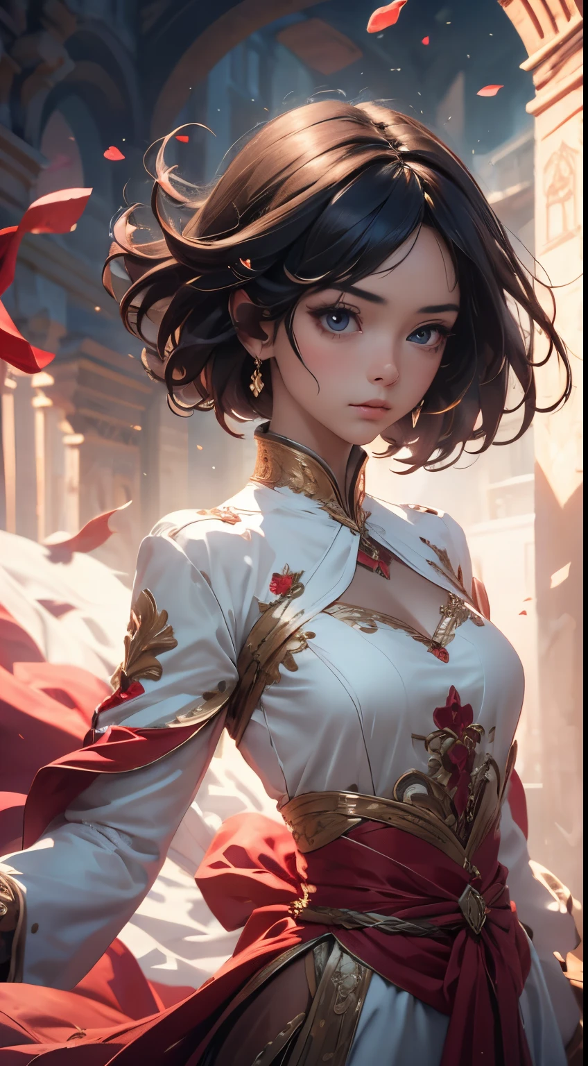 1 girl, short hair, symmetrical face, long billowing dress in the wind, detailed hands and fingers, masterpiece, 8k, high resolution, intricately detailed