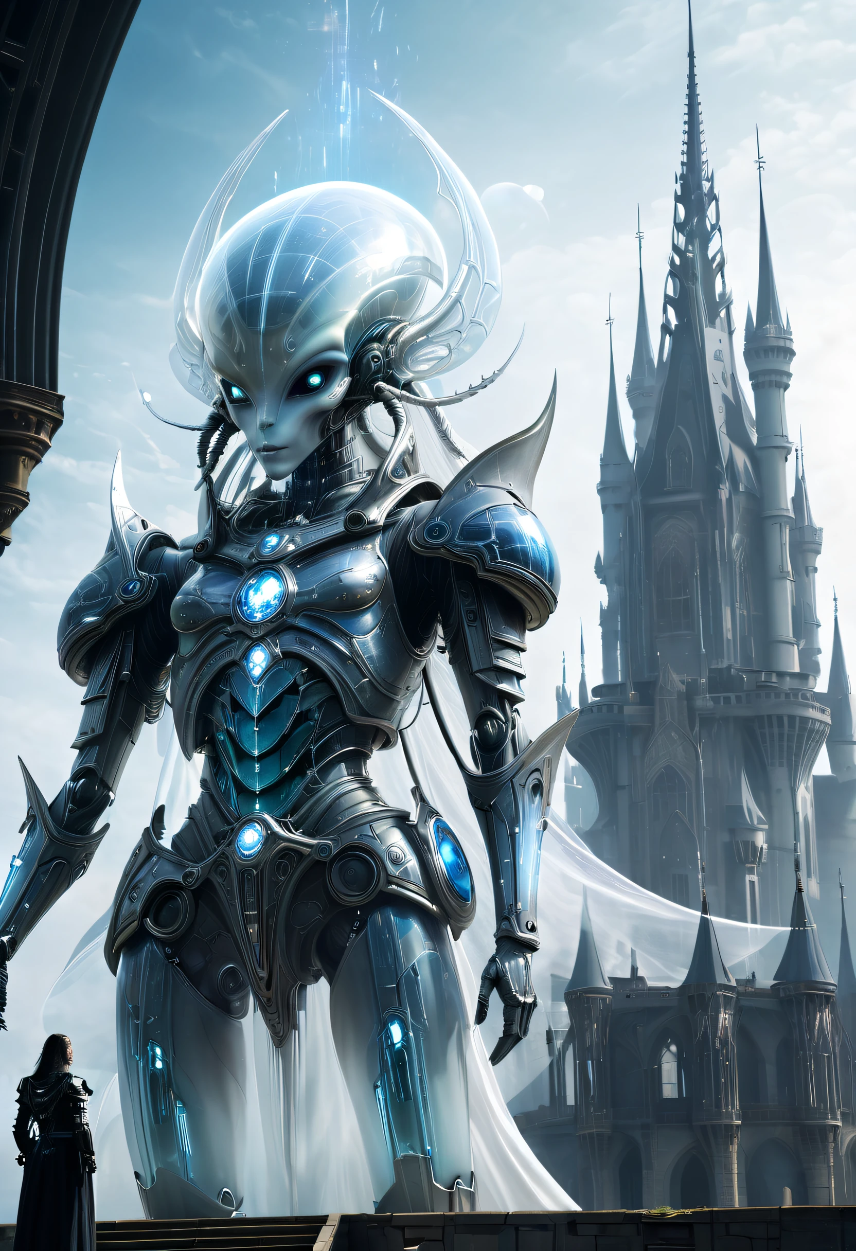 Translucent ethereal alien warrior,In the background is a huge high-tech mobile Gothic castle,a space station,Medieval style building