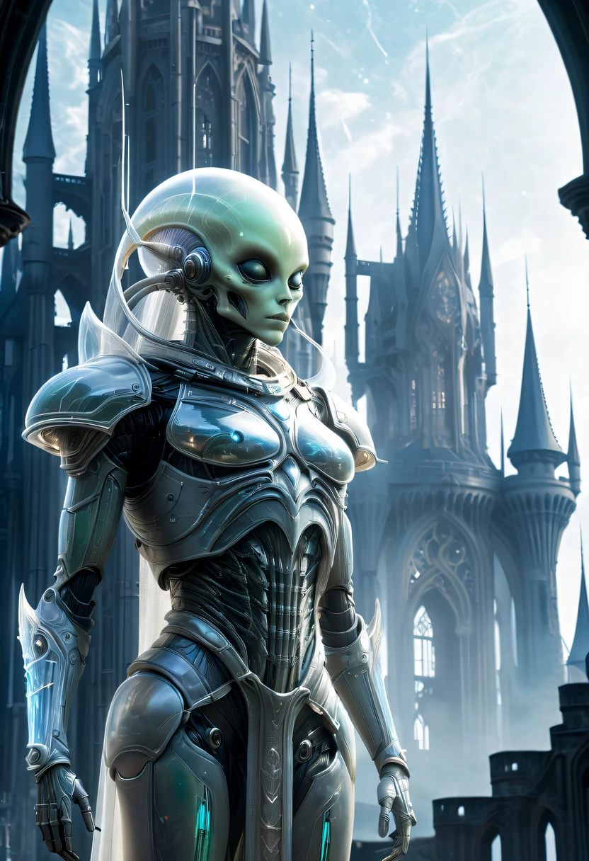 Translucent ethereal alien warrior,In the background is a huge high-tech mobile Gothic castle，a space station,Medieval style building