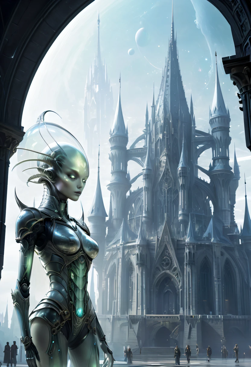 Translucent ethereal alien warrior,In the background is a huge high-tech mobile Gothic castle,a space station,Medieval style building