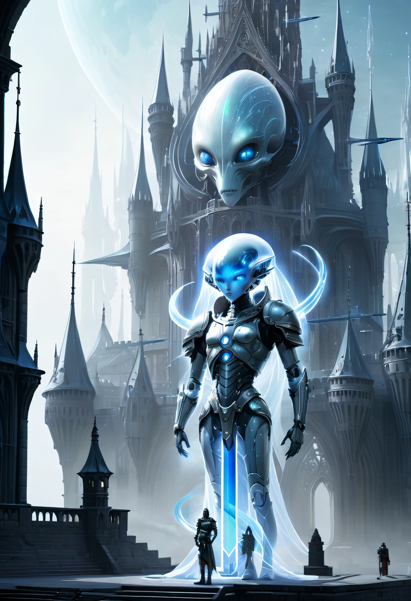 Translucent ethereal alien warrior,In the background is a huge high-tech mobile Gothic castle,a space station,Medieval style building