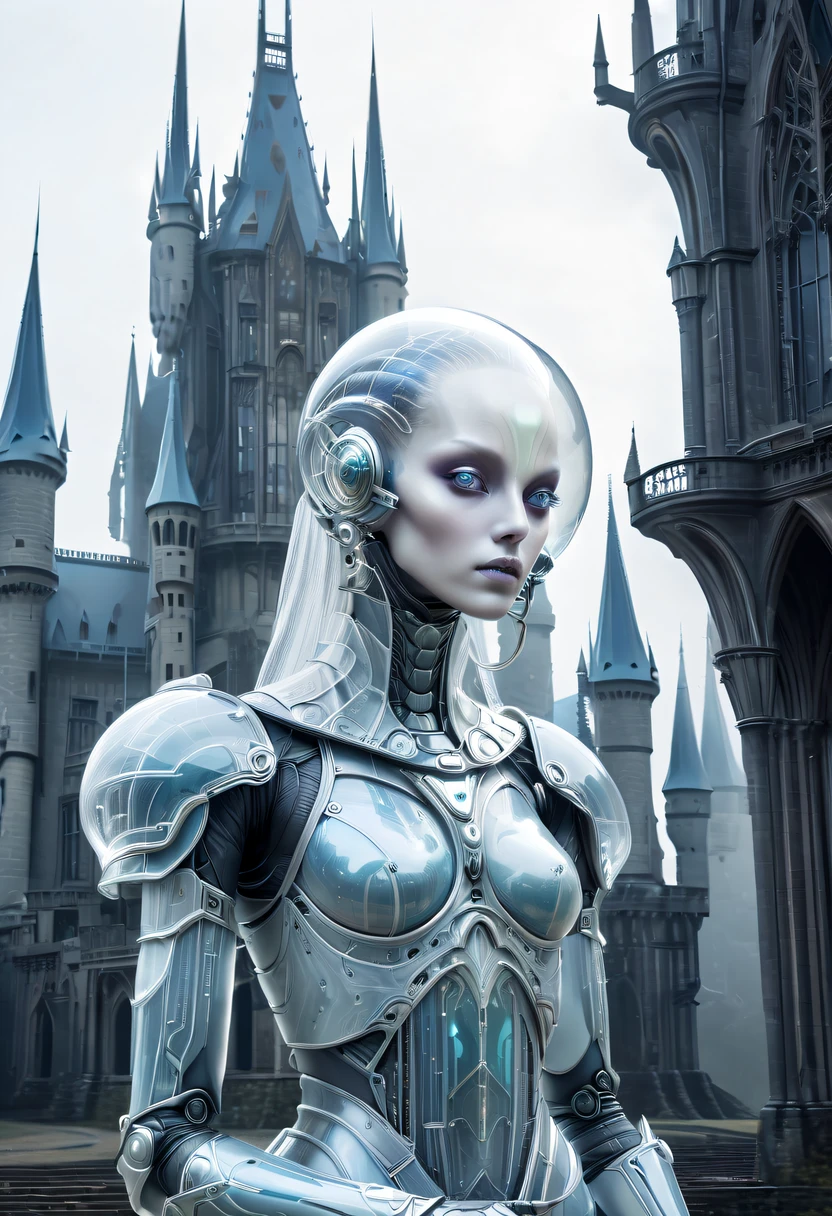 Translucent ethereal alien warrior,In the background is a huge high-tech mobile Gothic castle,a space station,Medieval style building