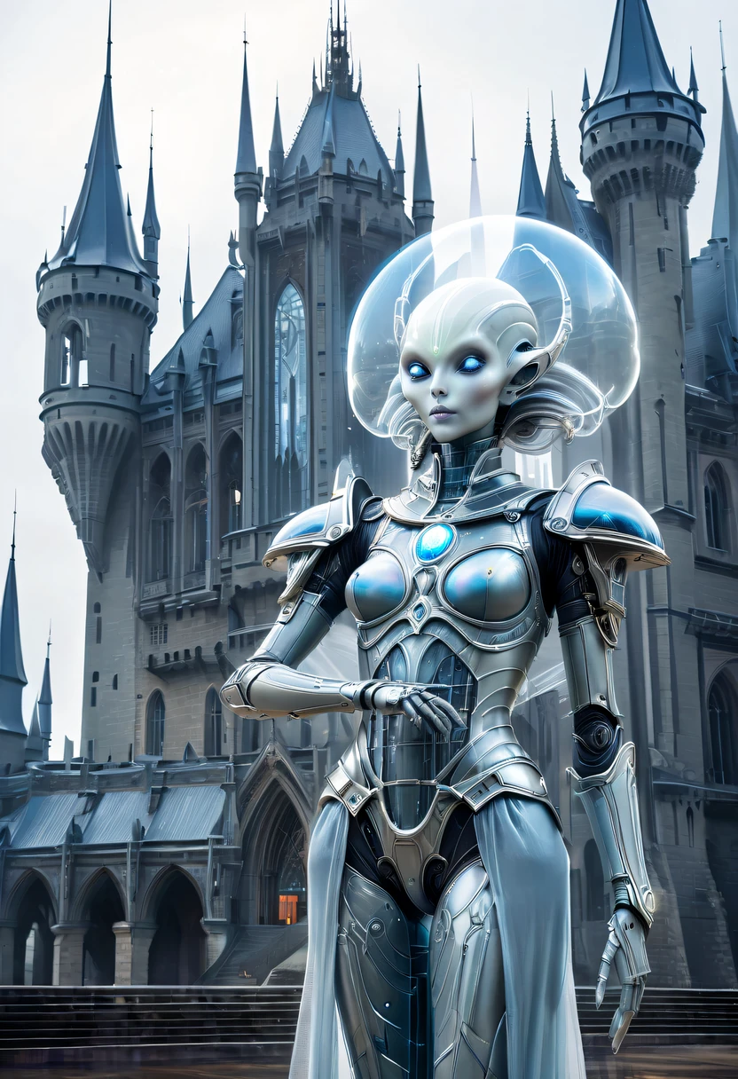 Translucent ethereal alien warrior,In the background is a huge high-tech mobile Gothic castle，a space station,Medieval style building