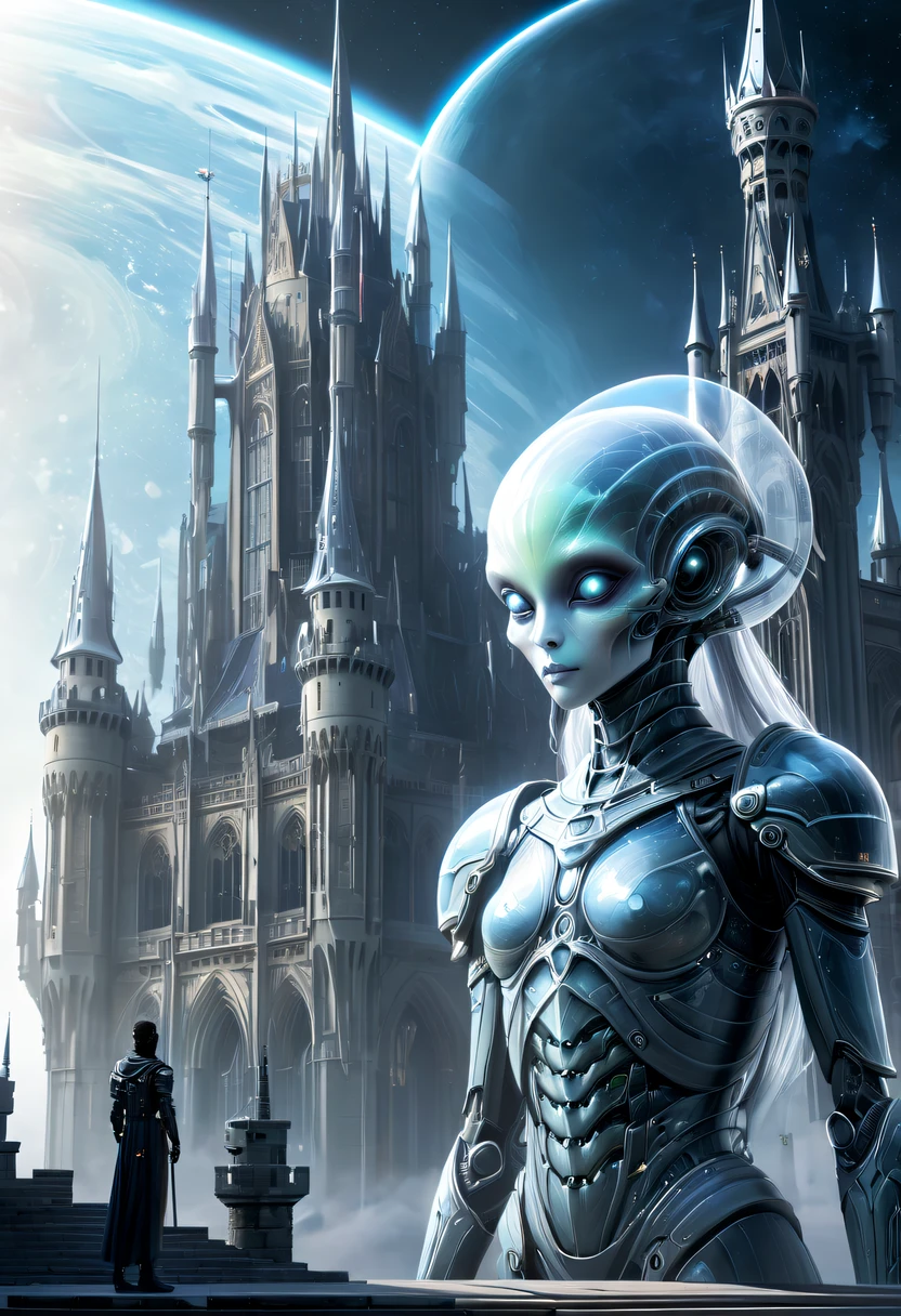 Translucent ethereal alien warrior,In the background is a huge high-tech mobile Gothic castle,a space station,Medieval style building