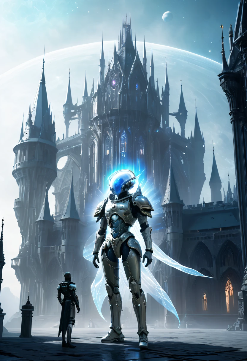 Translucent ethereal alien warrior,In the background is a huge high-tech mobile Gothic castle,a space station,Medieval style architecture